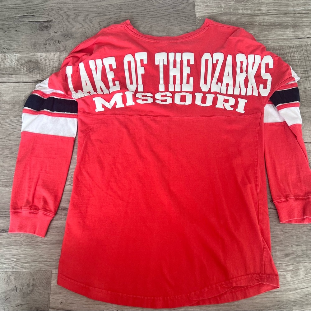 Lake of the OzarksLong-Sleeve Graphic Crewneck with White & Black Sleeve Stripes
